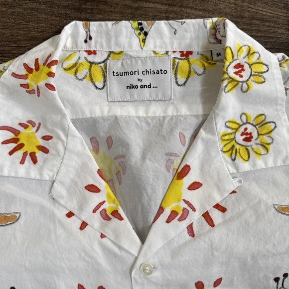 Tsumori Chisato Men M Camp Shirt Floral Butterfly Snail Print Short Sleeve White - Picture 2 of 9